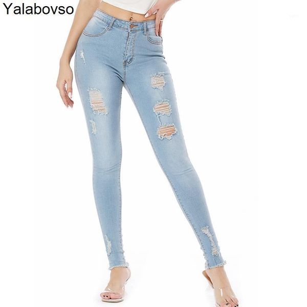 

2020 high waist jeans feamale women's stretch water washed slim leggings pencil pants with hole light blue color yalabovso1