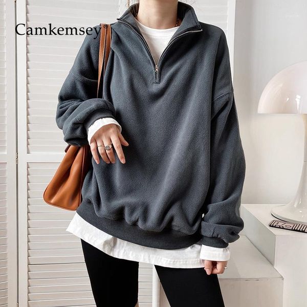 

women thick warm winter fleece sweatshirts korean solid zippers stand collar loose long sleeve pullovers1, Black