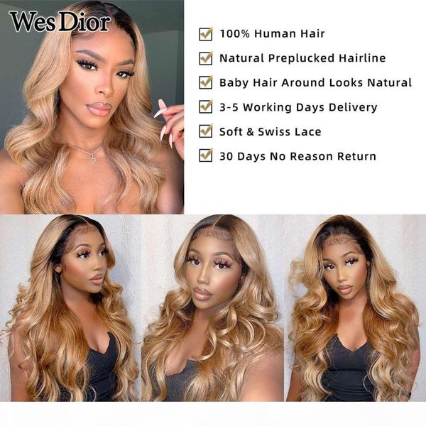 

ombre colored body wave front human hair for black women preplucked 13x4 frontal wigs brazilian 4x4 lace wig remy, Black;brown
