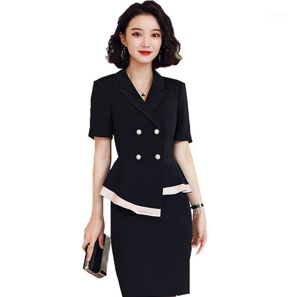 

skirt suit for women 2020 spring summer elegant ruffle double breasted jacket skirt ropa oficina mujer work 2 piece women suit1, White;black