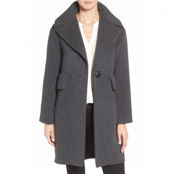 

new fashion 2020 notched lapel long coat style women dark grey single button overcoat fall winter warm casacos femininos1, Black