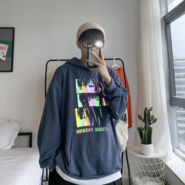 

cute reflective hoodie streetwear men hip hop oversized sweatshirt girls blue casual funny spring autumn japan hoodies male, Black