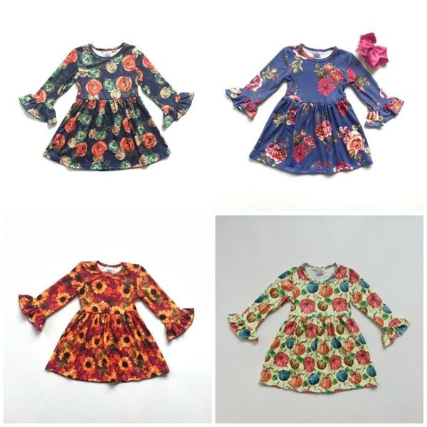 

fall/winter cotton milk silk baby girls long sleeve boutique children clothes cotton dress sunflower floral ruffles knee length y200325, White