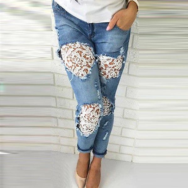 

women's jeans woman 2021 lace stitching holes high waist straig barrel calf ripped for women ropa mujer dropship #f, Blue