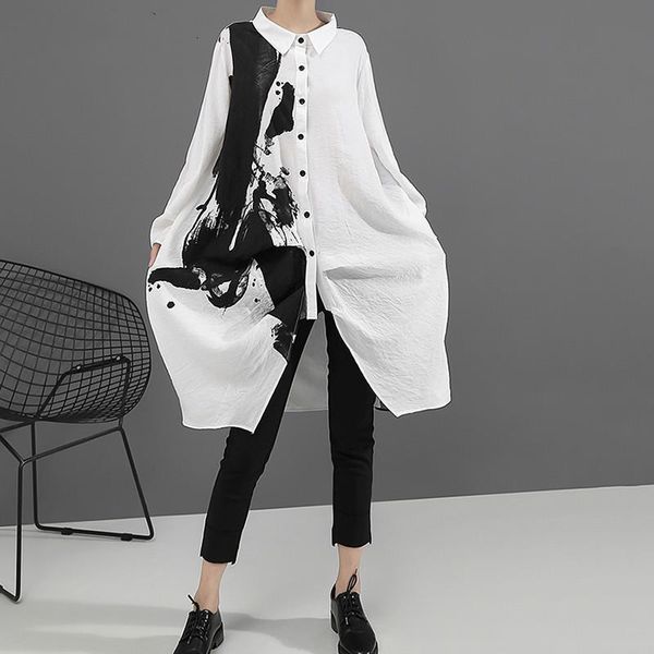 

women black white print big size oversize dress new lapel long sleeve loose fit fashion tide spring autumn 2021 1a923, Black;gray