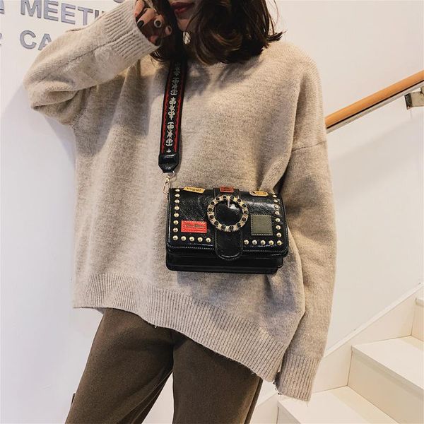 

bag female 2020 new badge rivet small square bag chic wide shoulder strap messenger