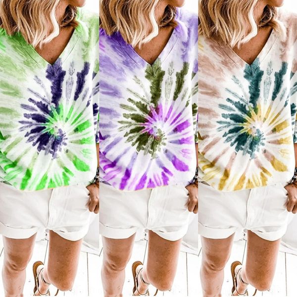 

autumn winter coat t-shirt 2020 new women's v-neck tie dye printed long sleeve loose t-shirt 4f6na, White