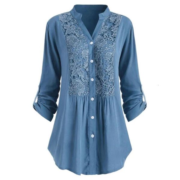 

womens blouses shirt plus size lace blusas office lady elegant loose and blouse cotton linen denim tunic long sleeve shirts, White