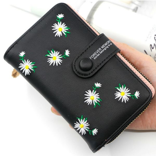

women long 2021 fashion design embroidery daisy card holder large-capacity pu coin purse simple zipper money bag wallets, Red;black