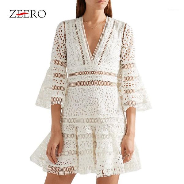 

luxury new fashion 2020 embroidery runway dress self portrait women flare sleeve v-neck hollow out lace mini dress vestidos1, Black;gray