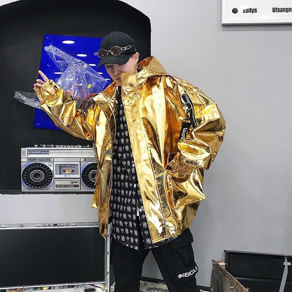 

mens loose glossy shiny hood jacket hip hop oversized pu leather coats outwear sweet punk bling bar 4colors plus size new 20201, Black;brown