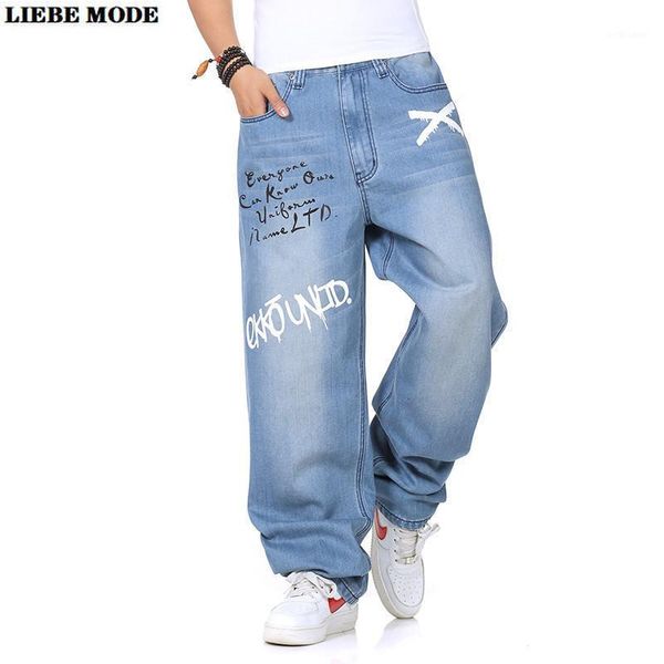 

mens letter print blue jeans harajuku 2021 men loose fit baggy denim pants wide leg trousers large plus size hip hop jean homme1