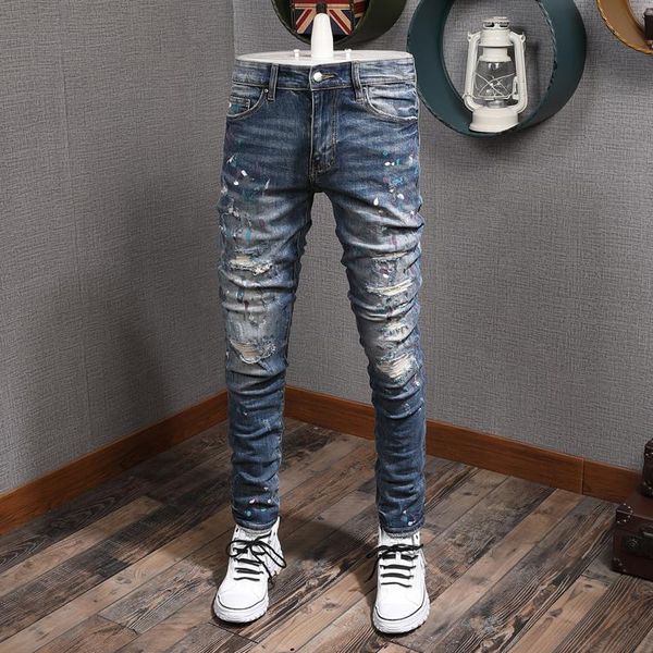 

american streetwear fashion men jeans painted designer destroyed ripped denim punk pants slim fit hip hop trousers, Blue