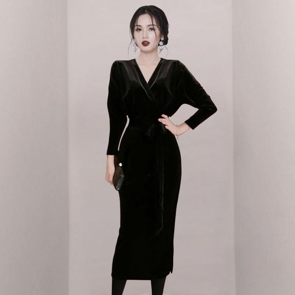

black gold velvet long dress slim v-neck lantern sleeve high waist sheath patry dresses woman robes, Black;gray