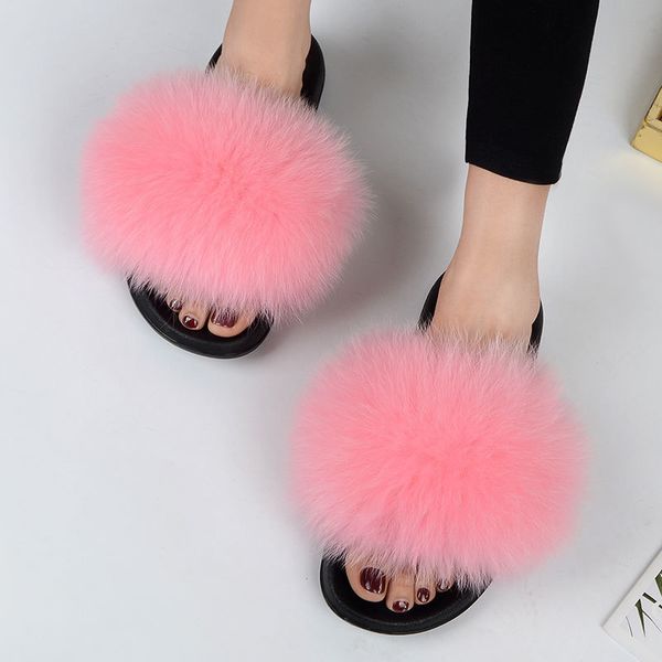

women summer casual fur flat non-slip solid real fox hair slides large size slippers y200423, Black