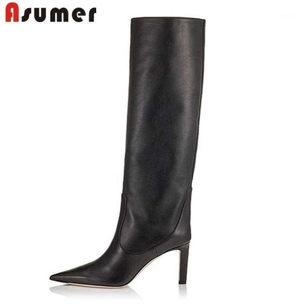 

boots asumer big size 34-43 fashion knee high pointed toe genuine leather slip on prom autumn winter crystal 20211, Black