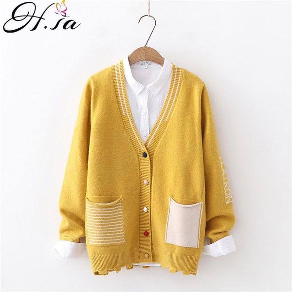 

h.sa 2019 women new sweater cardigans v neck open stitch loose knitted jacket coats yellow cardiagns fall sweater jumpers poncho1, White;black