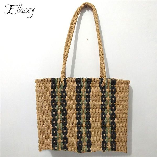 

new paper rope retro stitching women panelled shoulder bag high capacity hand-woven beach bag summer vacation knitting straw