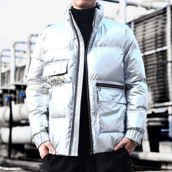 

winter solid color bright face hooded thickened coat trend loose down cotton padded jacket men's leisure, Black