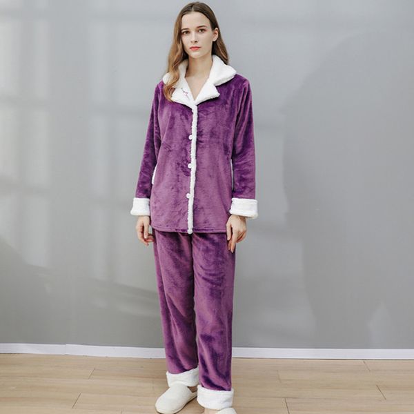

2021 new women's autumn winter velvet pajama set solid thick sleepwear female turndown collar singl breasted plus size pyjama 2trr, Black;red