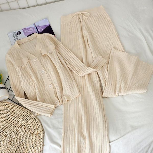 

two piece dress two-piece v-neck short cardigan + high waist tight wide leg pants net red knitted suit women1, White