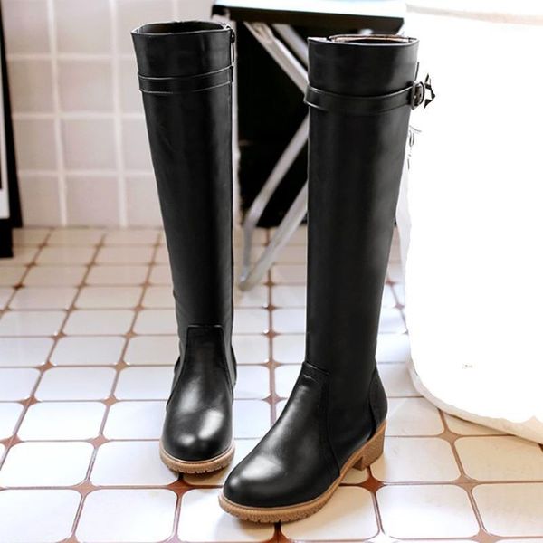 

women's winter high boots women long tube winter bare boots solid square heel causal motorcycle booties bottine femme botines1, Black