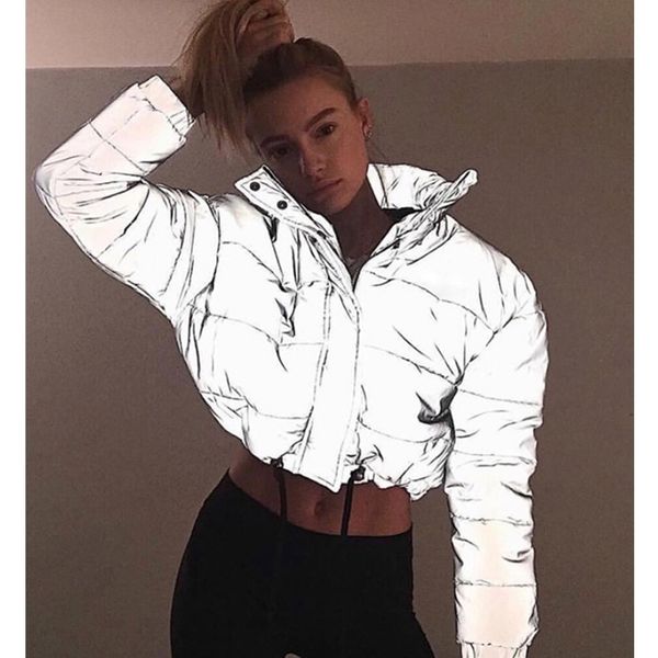 

2019 women's hip length puffer jackets reflective solid gray zipper button winter coat long sleeve cotton slim bolero for women y200101, Black;brown