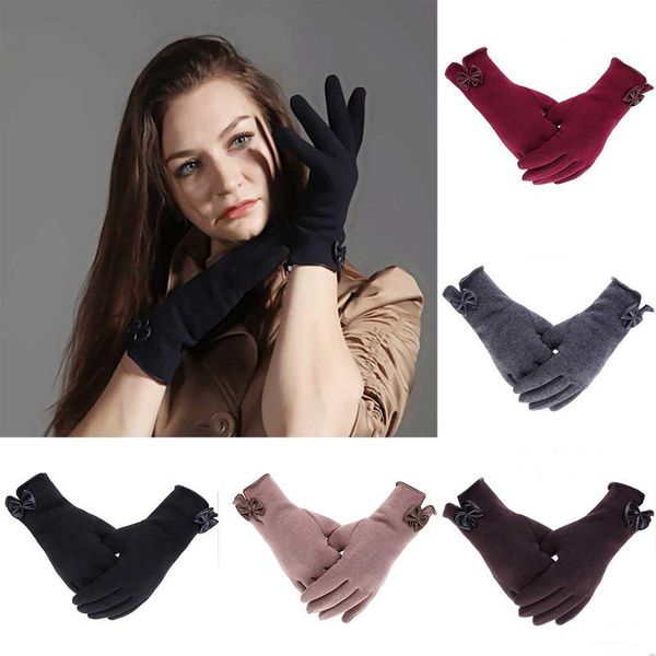 

women winter noble elegant gloves mittens cozy outdoor windproof driving thicken warm fingers touch screen design bowknot suede, Blue;gray