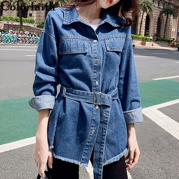 

colorfaith new 2019 autumn winter women's denim jackets turn-down collar sashes outerwear high street fashionable jeans jk3068 y200101, Black;brown