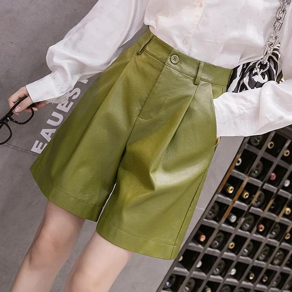 

2020 england style pu leather shorts women autumn winter high waist wide leg shorts plus size casual ladies femme1, White;black