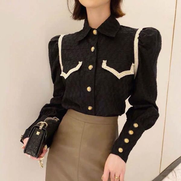 

women's elegant puff sleeve blouse female single breatsed hollow out shirt office lady spring autumn shirts1, White