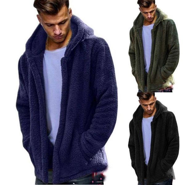 

m-3xl mens hooded jacket winter spring fleece warm loose coats cardigan casual solid color fluffy jackets male outwear clothes, Black;brown