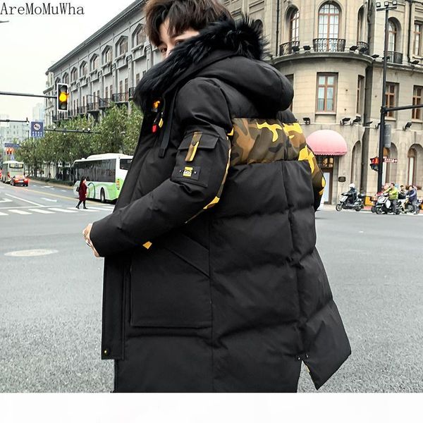 

aremomuwha men's cotton winter new thick trend jacket men's long casual solid color hooded cotton jacket men's down jacket qx, Black