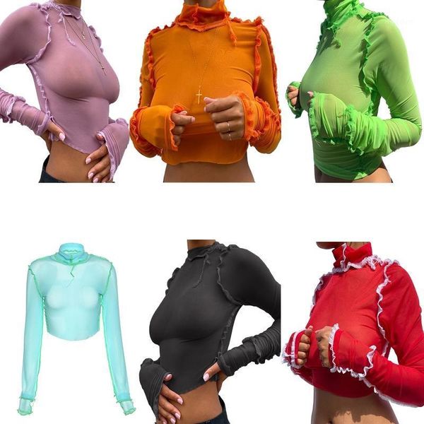 

women long sleeve turtleneck t-shirt see-through mesh neon bodycon crop harajuku ruffles patchwork clubwear1, White