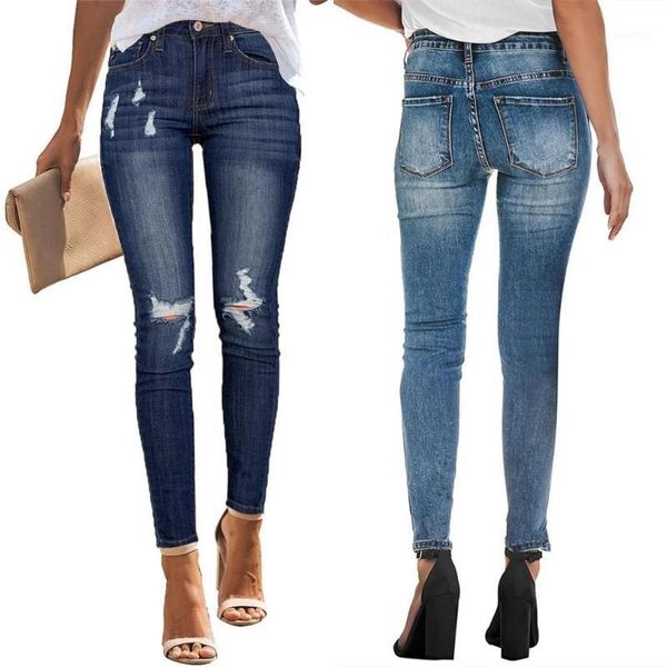 

ripped jeans for woman 2020 fashion ladies skinny pencil pants high waist slim pleated denim jeans female denim trousers jeansy1, Blue