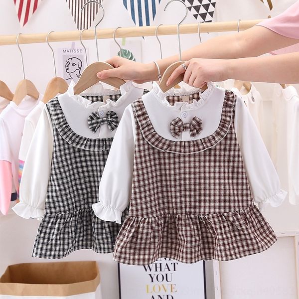 

платье children'snew осень детской версия иностранный стиль w3ilz девушка корейская 2020 детских плед поддельных два платья весной и autum, Black;gray