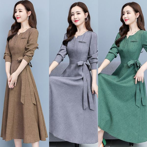 

autumn 2020 new long sleeve cotton hemp style solid big skirt dress color dress medium length lace up slim and big swing skirt po5hm, Black;gray