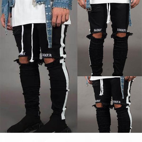 

holes designer men jeans slim fit ripped men biker jeans spring autumn stretch homme pencil pants, Blue