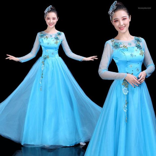 

stage wear modern dance clothing square opening dresses national chorus performance women long dress 4xl1, Black;red