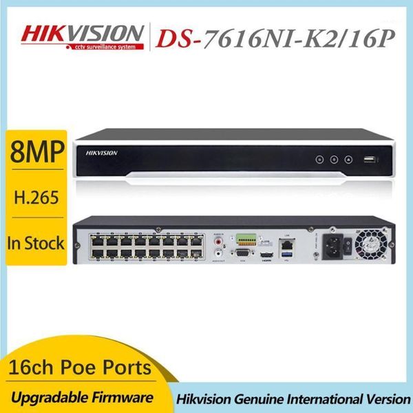 

kits hikvision english version ds-7616ni-k2/16p 16 poe ports 4k 16ch nvr 2sata plug & play h.265 max 8mp resolution recording1, Black;white