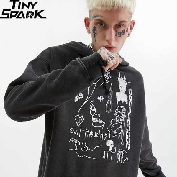 

streetwear washed hoodie sweatshirt evil graffiti hip hop mens harajuku graphic printed hoodie cotton 2020 autumn sweat shirt, Black