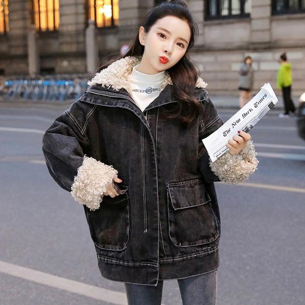 

women winter fleece lined black denim coat female faux fur collar jean jacket ladies thickness parka plus size windbreaker, Black;brown