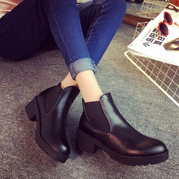 

boots 2021 fashion style women autumn / spring round toe thick bottom pu leather waterproof woman, Black