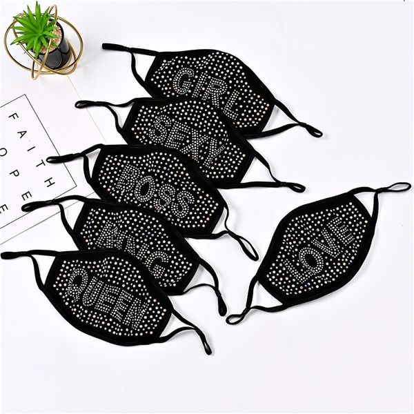 Lettre Masque anti-poussière Bling Diamant Protecteur Coton Bouche Lavable Réutilisable Femmes Fille Mode Strass BOSS LOVE KING QUEEN SEXY Masques noirs pour Adulte