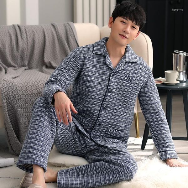 

men's thick pajamas suits 2pcs cotton plus size leisure wear autumn winter comfortable homewear spring noble style sleepwear1, Black;brown