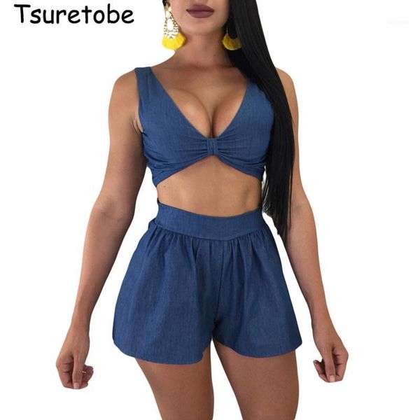 

tsuretobe deep v two piece outfits women crop and loose shorts pure color backless two pece set summer high waist1, White