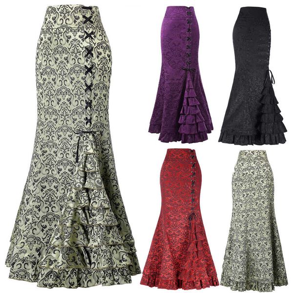 

women elegant gothic vintage long mermaid skirt floral print ruffe lace up maxi skirt bodycon slim elegant long skirts womens, Black