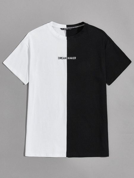 

men drop shoulder embroidery letter spliced tee t520#, White;black