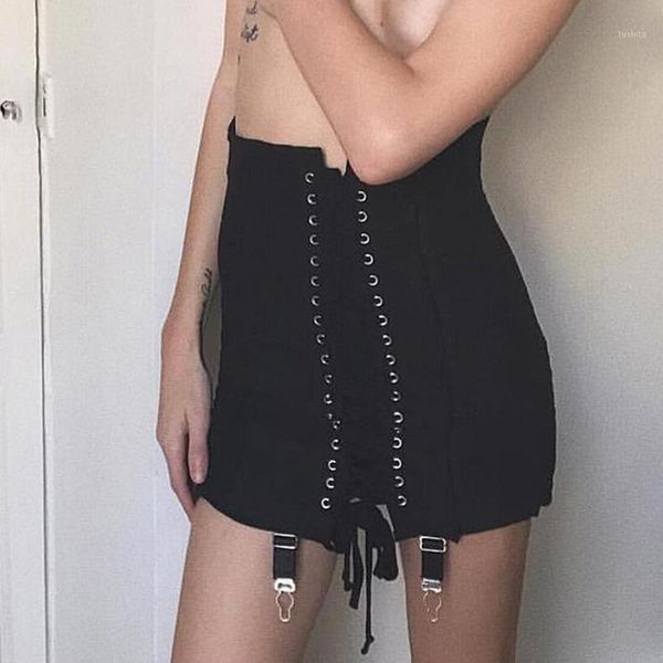 

jiezuofang women lace up high waist slim black skirt 2020 new clubwear mini skirt female gothic style fashion buckle1