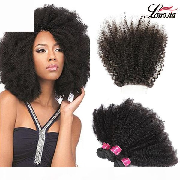 

peruvian afro kinky curly hair bundles afro kinky virgin hair with part 4*4 closure indian afro kinky human hair extension, Black